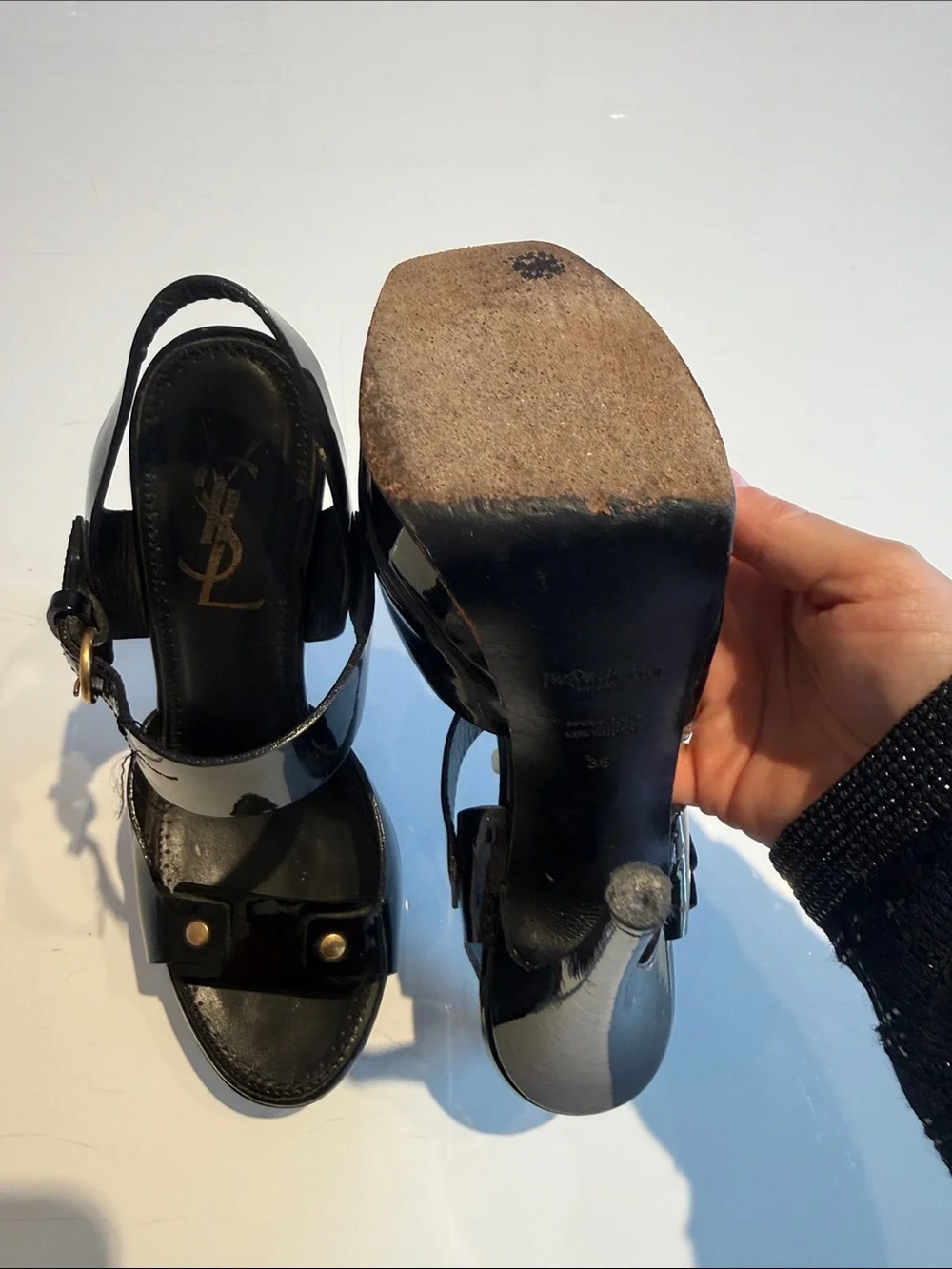 YASL Saint Laurent Black Patent Leather Stud Platform Sandals Gold Accents sz 36